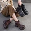 Women's Thick Soled Ankle Boots Genuine Leather Round Toe Handmade Retro Platform Shoes