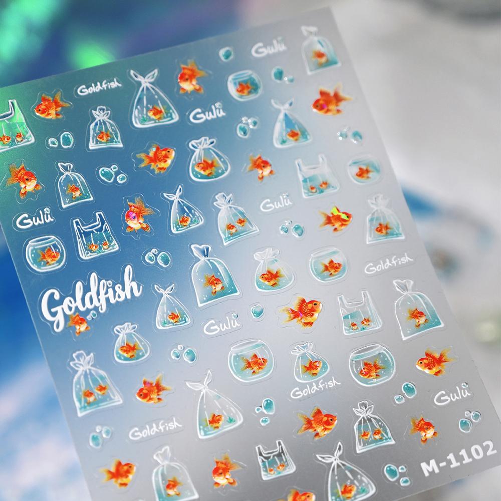 Goldfish in Bag 5D Nail Art Sticker Jelly Like Translucent Goldfish with Bubble Cute Aquatic Manicure Decal DIY