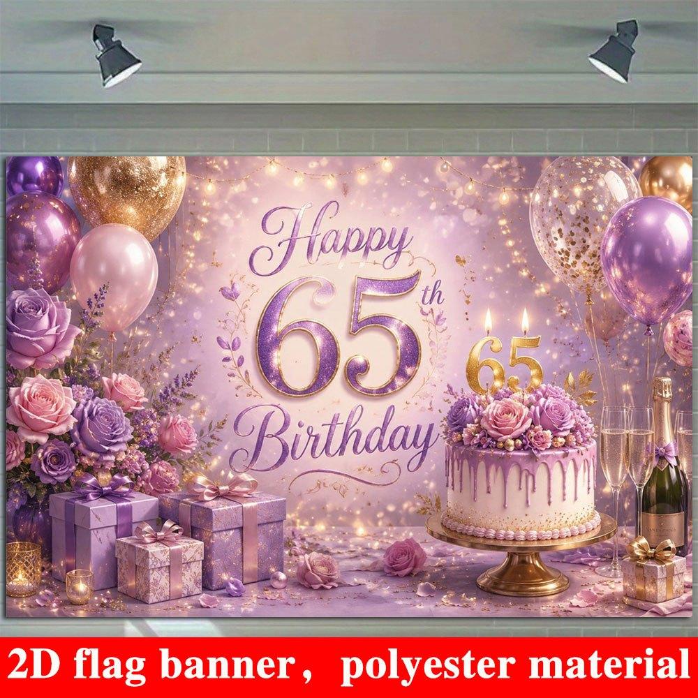 2D Flat Banner, 65th Birthday Backdrop, Purple and Golden Balloons, Flowers, Cake, Gift Box
