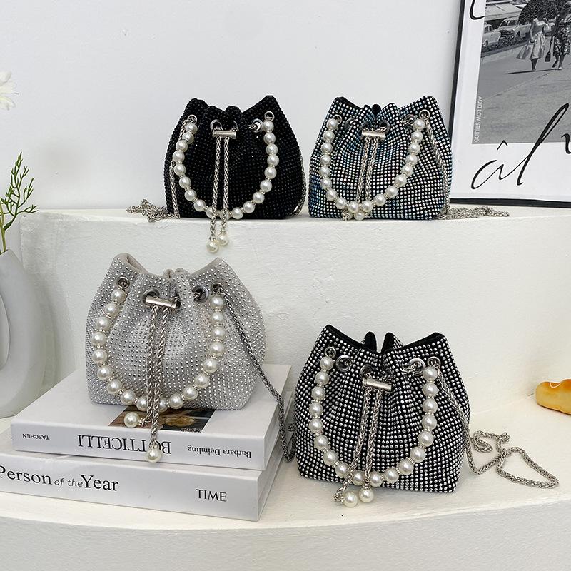 Pearl Handbag Women's Fashionable Bright Diamond Shoulder Bag, Net Red, Foreign Style Chain, Cross Body Bucket Bag