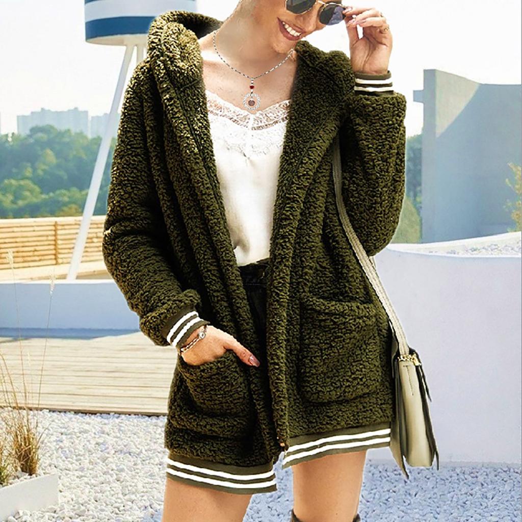 Women's And Winter Loose Solid Color Stitching Long-Sleeved Pockets Plush Hooded Cardigan Coat