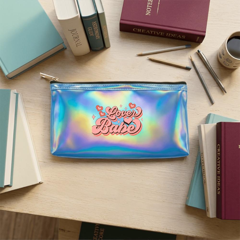 Retro Pink Heart Lover Babe Pattern Laser Cosmetic Makeup Bag, Shiny Holographic Travel Toiletry Organizer Pouch for Girls Women Vacation Gifts