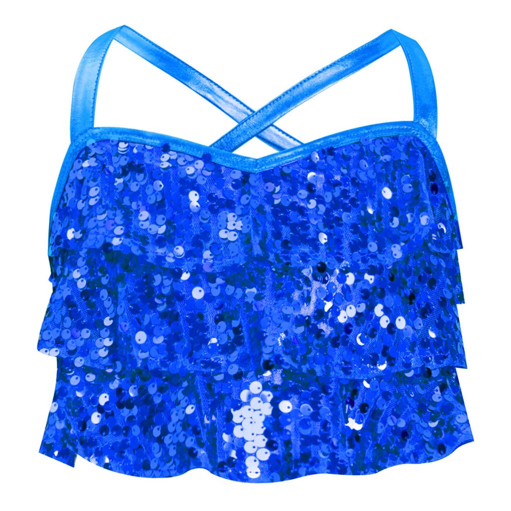 Костюм для джазового танца для девочек, блестящие пайетки, многоярусные оборки, кроп-топ, перекрещенная спина, металлизированная майка, топ для выступлений