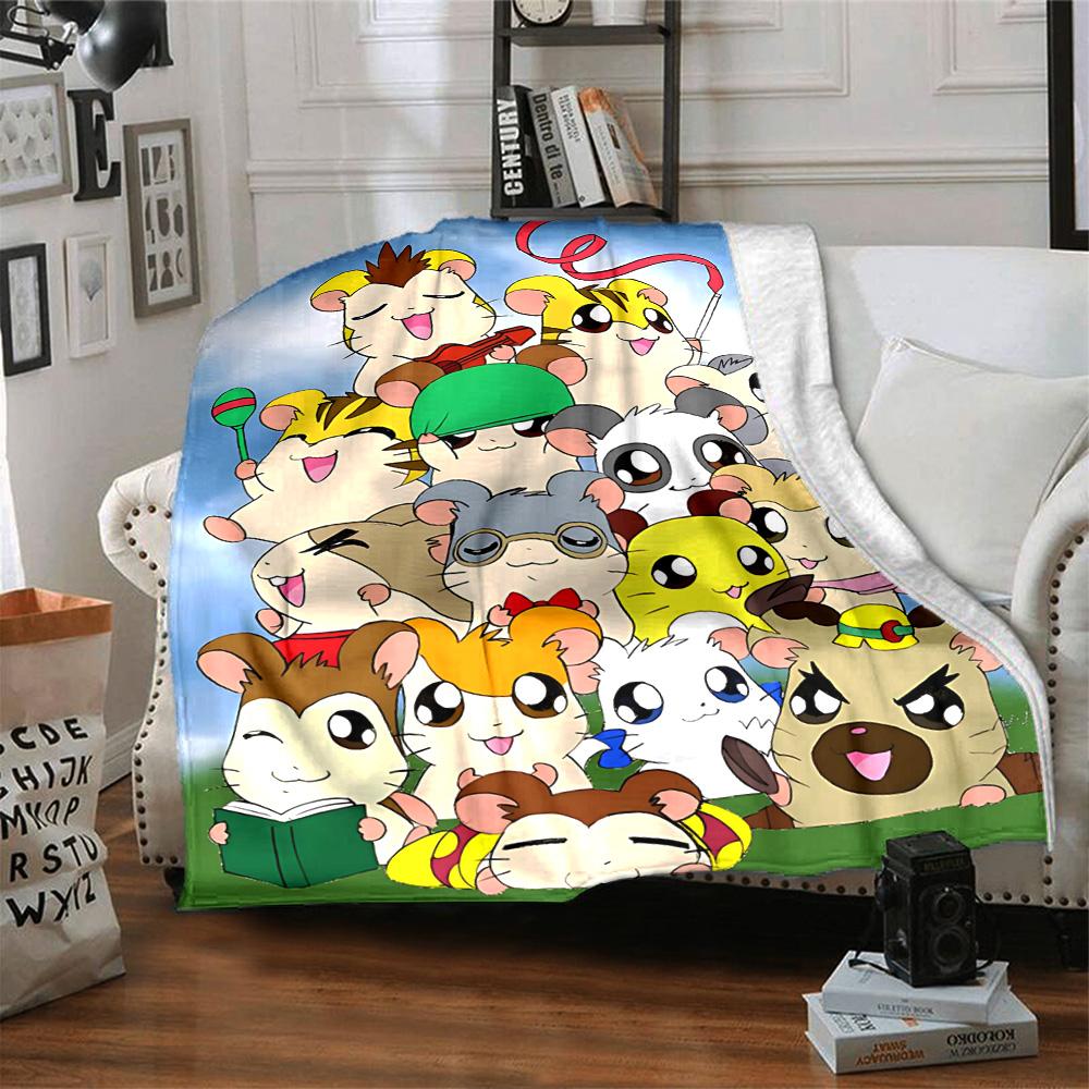 Cute Cartoon Hamster Characters Flannel Blanket Super Soft Warm Cozy Blanket for Sofa Bed Office Travel All‑Season Home Decor Gift