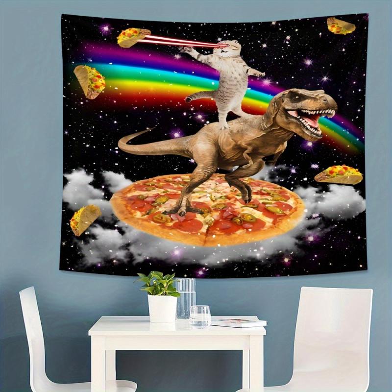 VIKAMA Rainbow Space Cat Riding Dinosaur Funny Tapestry Fun Pizza Tower Atmosphere Decoration Room Decoration Home Decoration