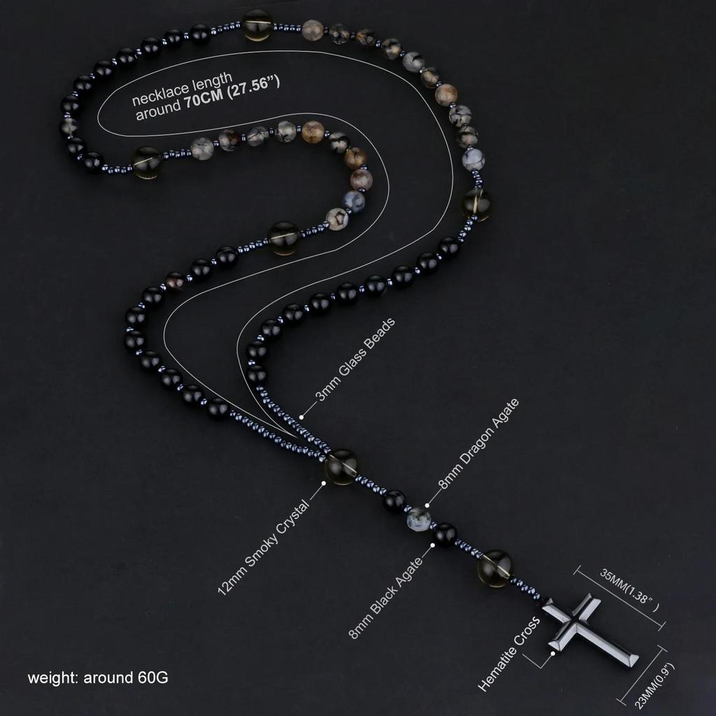 Catholic Black Dragon Agate Smoky Crystal Rosary Beads Necklace Hematite Cross Pendant Necklace Prayer Meditation Jewelry