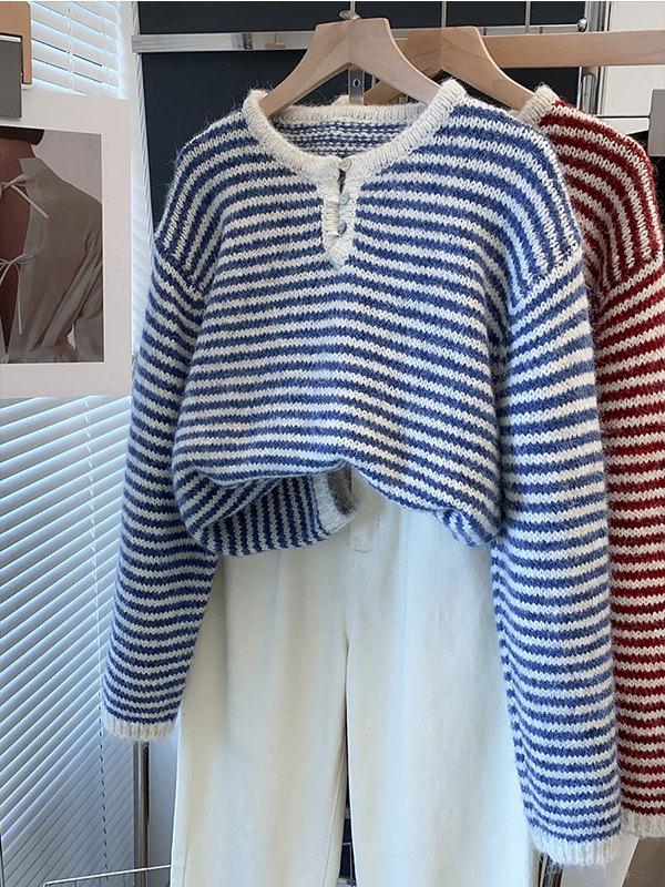 Women's Striped Knitted Cardigan Sweater, Loose Pullover for Spring, Autumn, and Winter 2025.