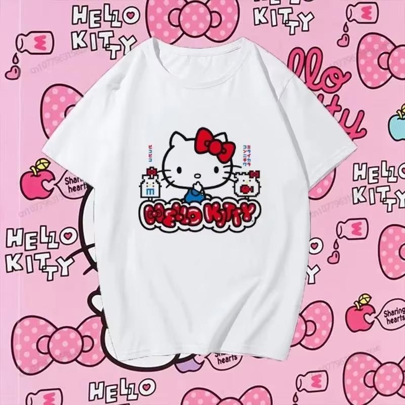 2026 новый летний милый топ с принтом HelloKitty, повседневная хлопковая футболка с коротким рукавом для взрослых и детей, милый кавайный стиль, повседневный наряд