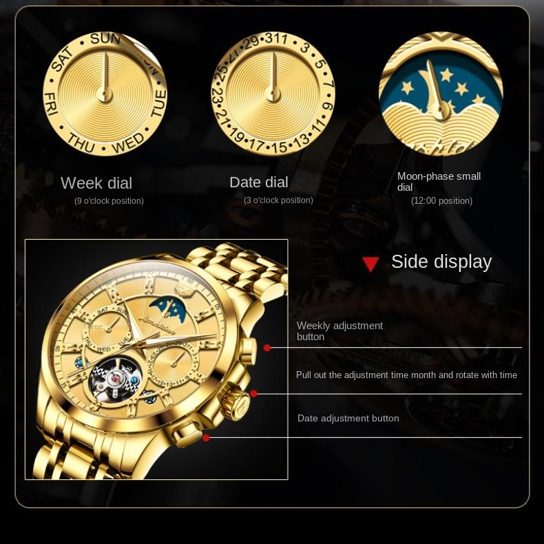 JINSHIDUN брендовые многофункциональные автоматические механические часы с турбийоном мужские часы мужские часы