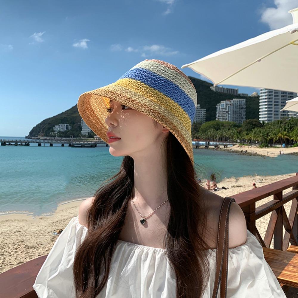 Shade Sun Caps Sunscreen Bucket Hat Stripe Beach Fisherman Hat Rainbow Straw Hat  Outdoor Sports