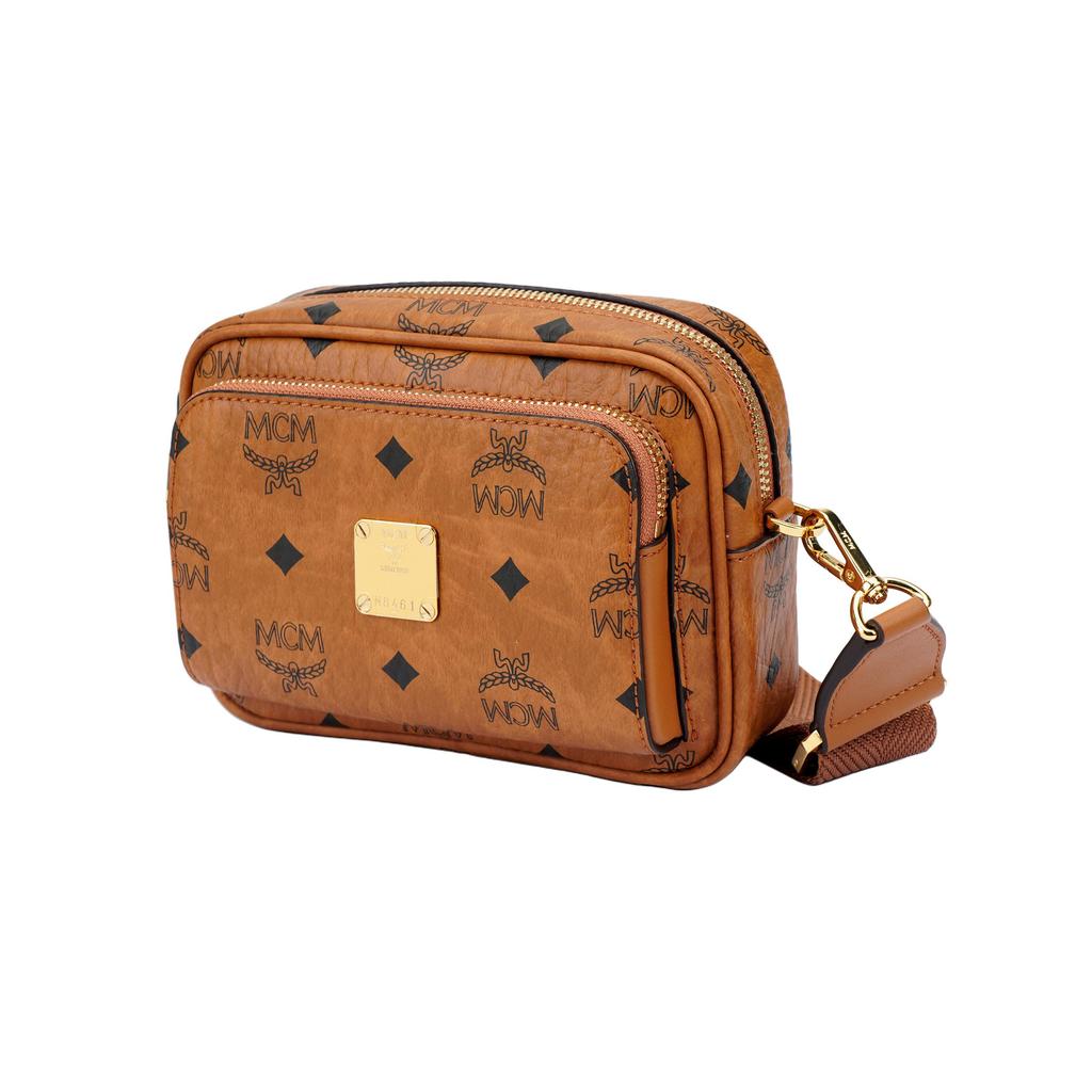 MCM Cognac Visetos Monogram Crossbody Camera Bag with Dual Zip Compartments for Daily & Casual Use