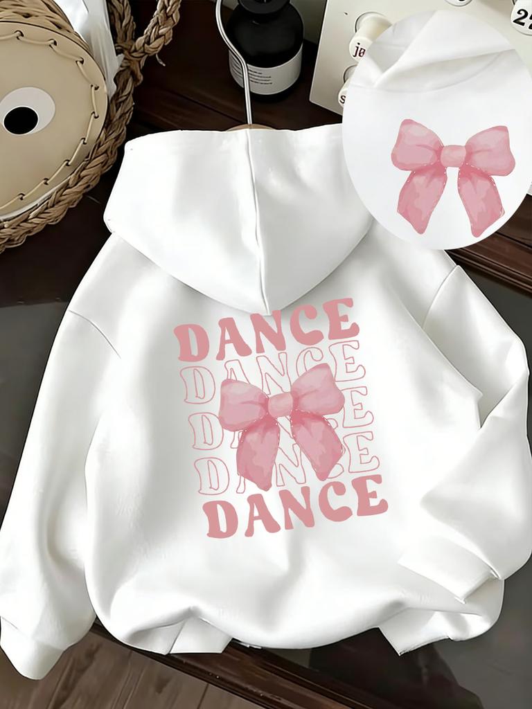 Children's autumn/winter hooded sweatshirt featuring a bow and dance-themed design; versatile everyday wear made from soft, breathable fabric.