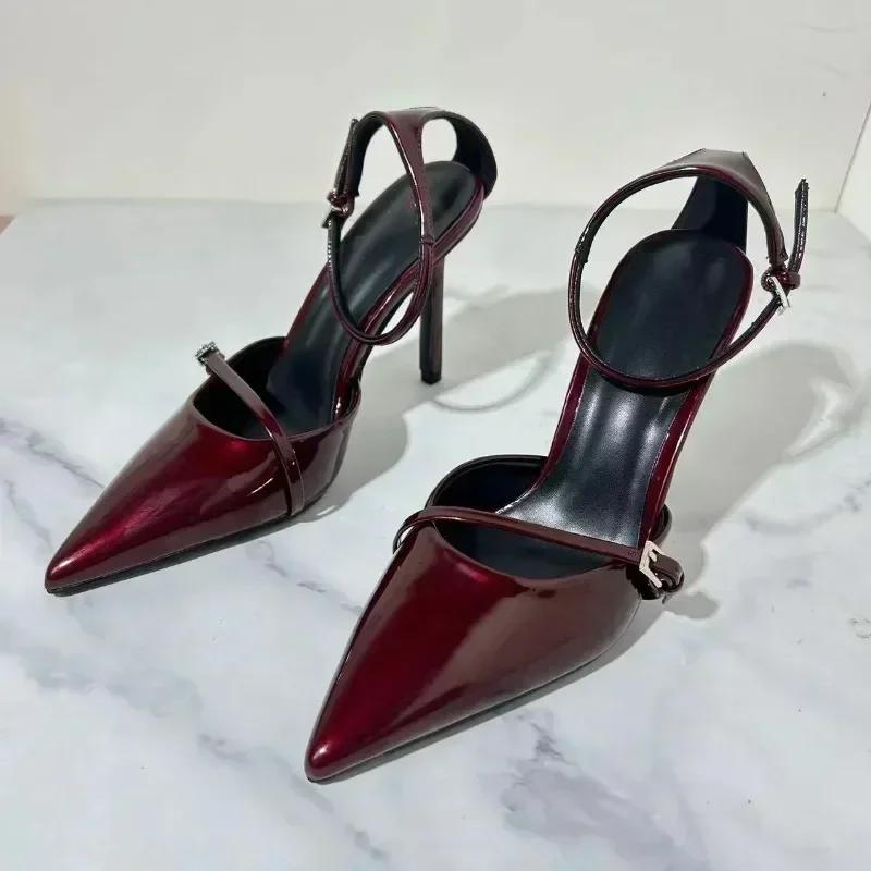 Fashion Elegant Ankle Strap Patent Leather Thin High Heels Women Summer Sexy Pointed Toe High Heeled Sandals Luxury Banquet Wedding Shoe