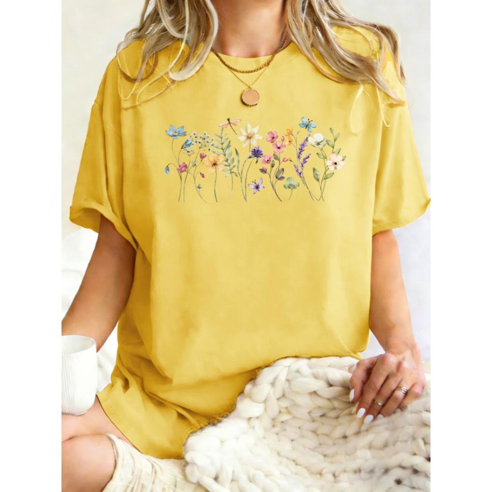 Beautiful Flowers Butterflies Dragonflies Print Women T-Shirt Y2K O-Neck T Shirts Loose Clothes Cotton Summer Streetwear