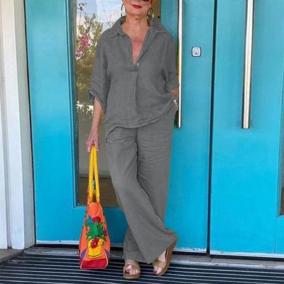 Женский летний комплект больших размеров: рубашка с семью рукавами + широкие брюки, комплект из двух предметов