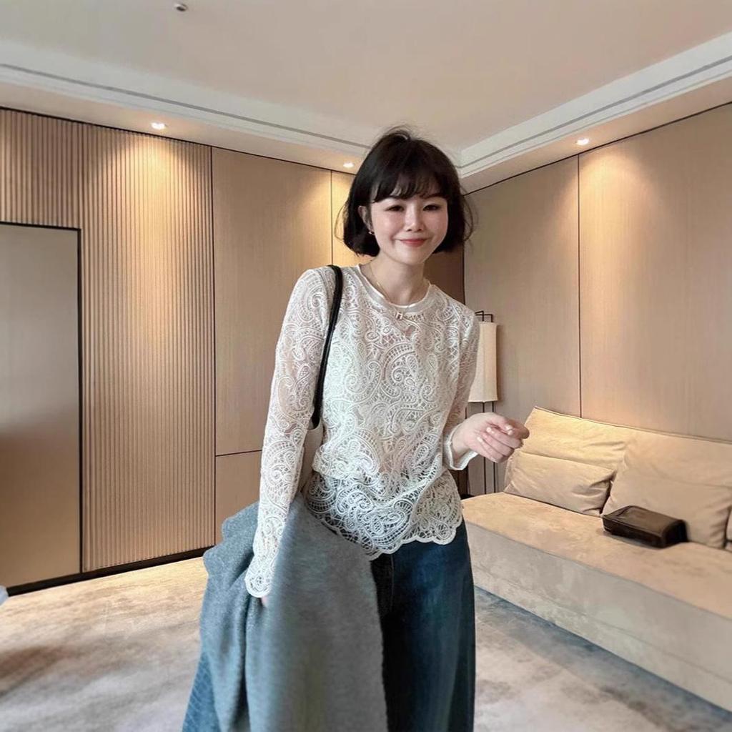 Women's High-End French Lace Cardigan - Hollow-Out Long Sleeve, Spring 2025 Trend, Versatile Layering Top