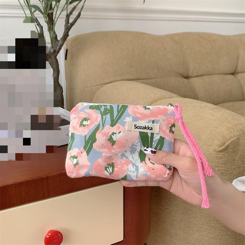 Мини-сумки-органайзеры из хлопка с цветочным принтом для женщин, маленькая тканевая косметичка для макияжа, маленькая сумочка для монет, детский косметичка