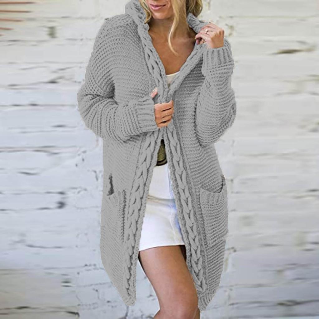 Женский осенне-зимний однотонный свободный вязаный свитер с карманом и капюшоном