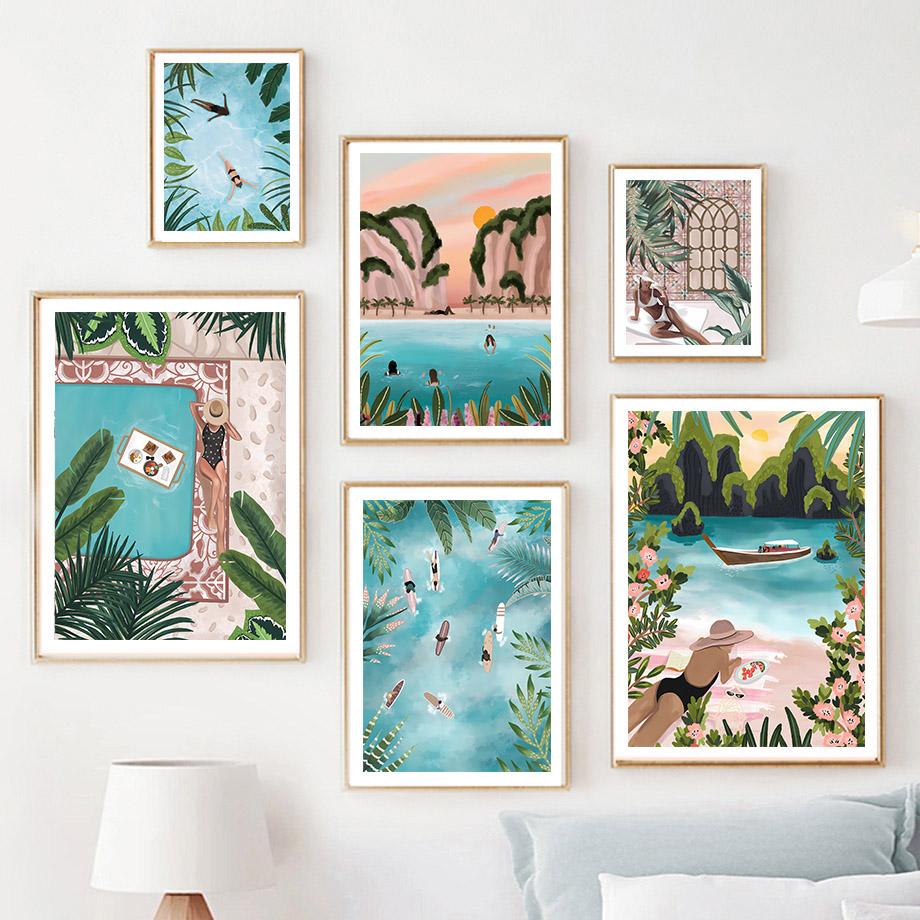 Бохо Абстрактная Девушка Озеро Птицы Лист Иллюстрация Настенное Искусство Холст Живопись Скандинавский Постер И Принты Картины Для Декора Гостиной