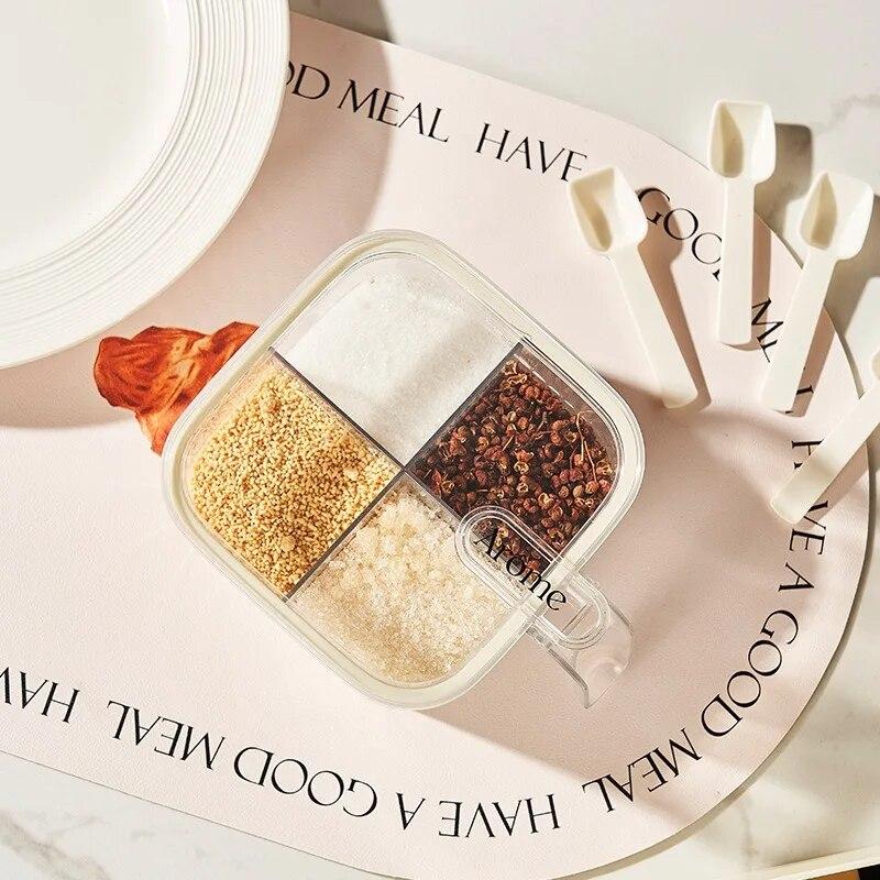 Kitchen Seasoning Box Sealed Moisture-proof Tape Seasoning Box with Four Compartments Press Type Seasoning Tank