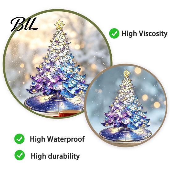 Stained Glass Decorative Decals Style Christmas Tree Static Window Cling, Gradient Starry Sky Removable Holiday Xmas Sticker, Reusable PVC Decor