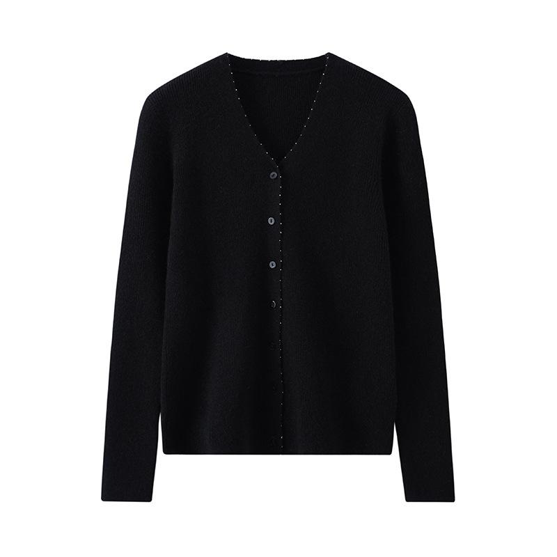 Early Autumn New 100 Cashmere Drawn V-Neck Placket Beaded Cardigan Showing Thin Temperament Elegant Coat Shirt