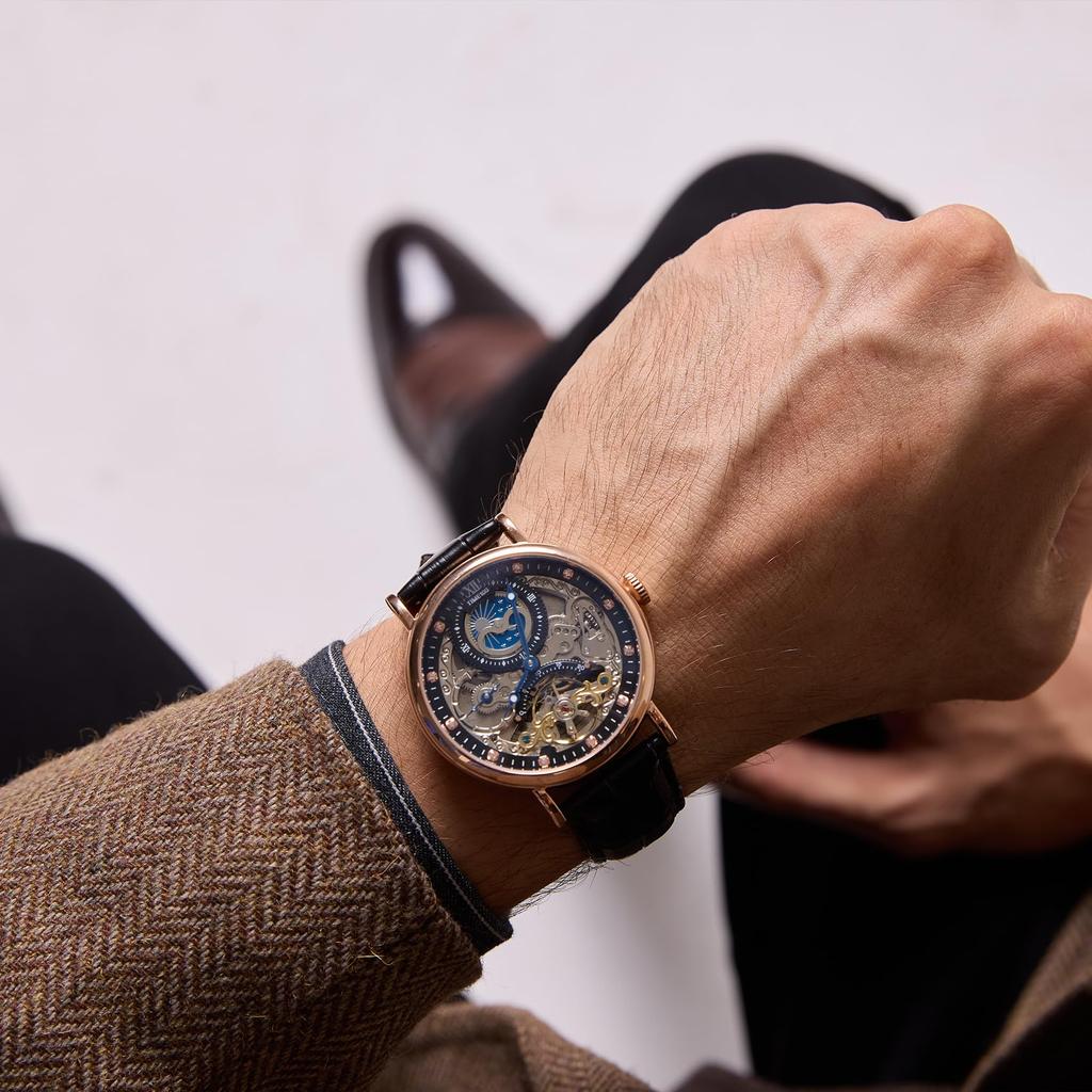 TIME100 роскошные автоматические часы скелетон механические из нержавеющей стали с ремешком из натуральной кожи водонепроницаемость 50 м мужские (Розовое золото)