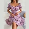 Women Casual Floral Print Short Sleeve Slim Waist Ruffles A Line Dress Summer Clothing