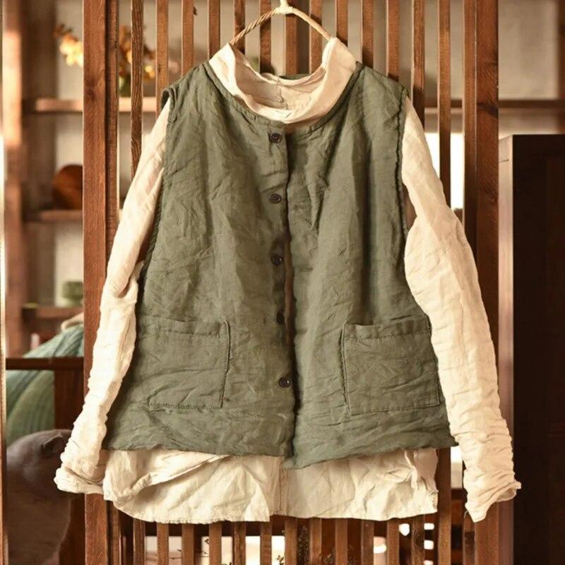 Johnature Women Vintage Button Vests Coats Plus Cotton Solid Color Clothes Spring O-Neck Women Vests Coats
