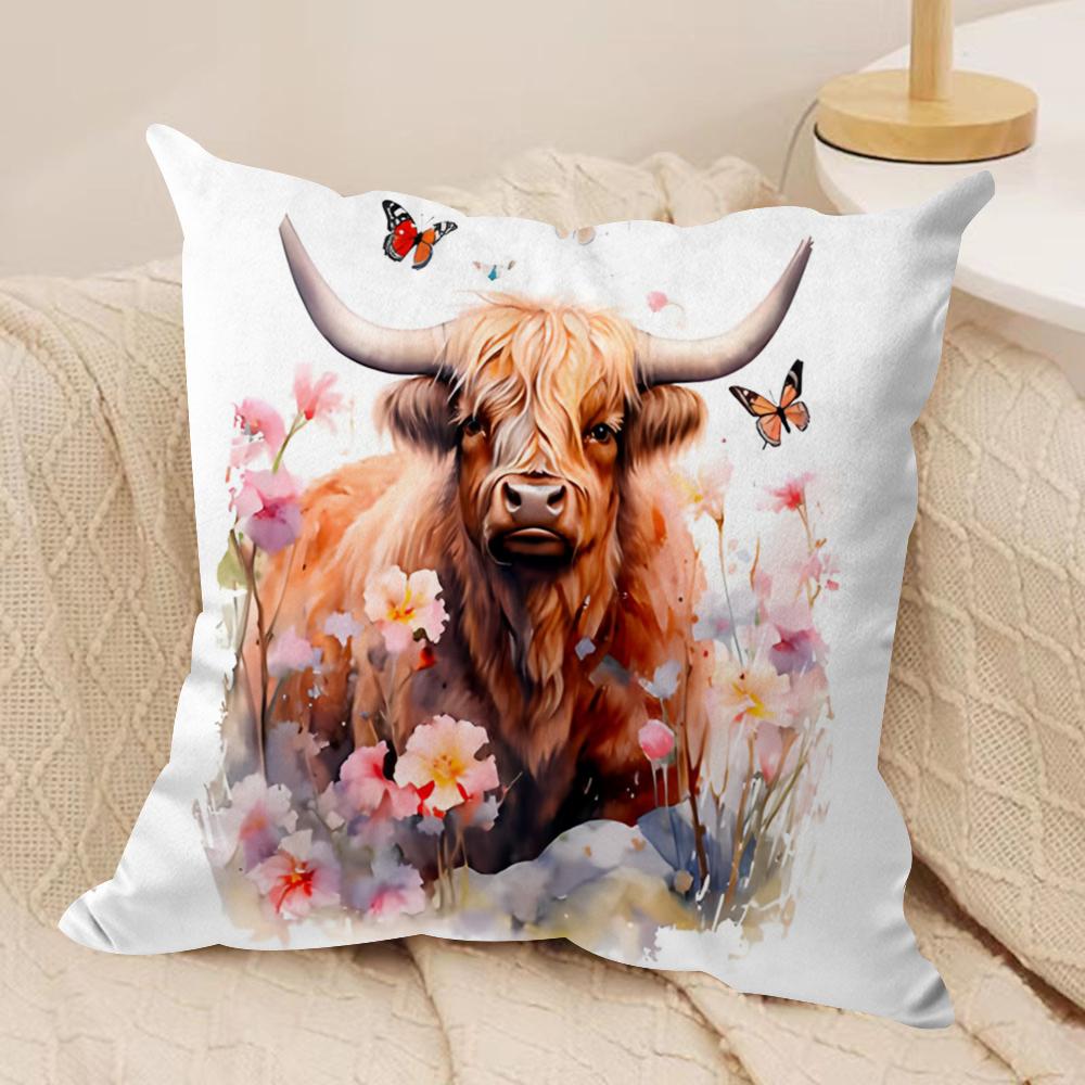Highland cow and flower Cushion Cover Soft Plush Fabric DoubleSided Printed Cushion Covers for All Seasons Home Decor