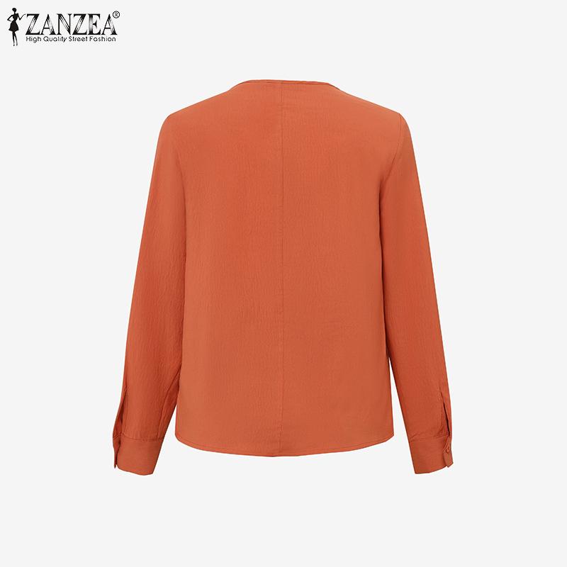 ZANZEA Женская повседневная однотонная свободная блузка с V-образным вырезом и длинным рукавом