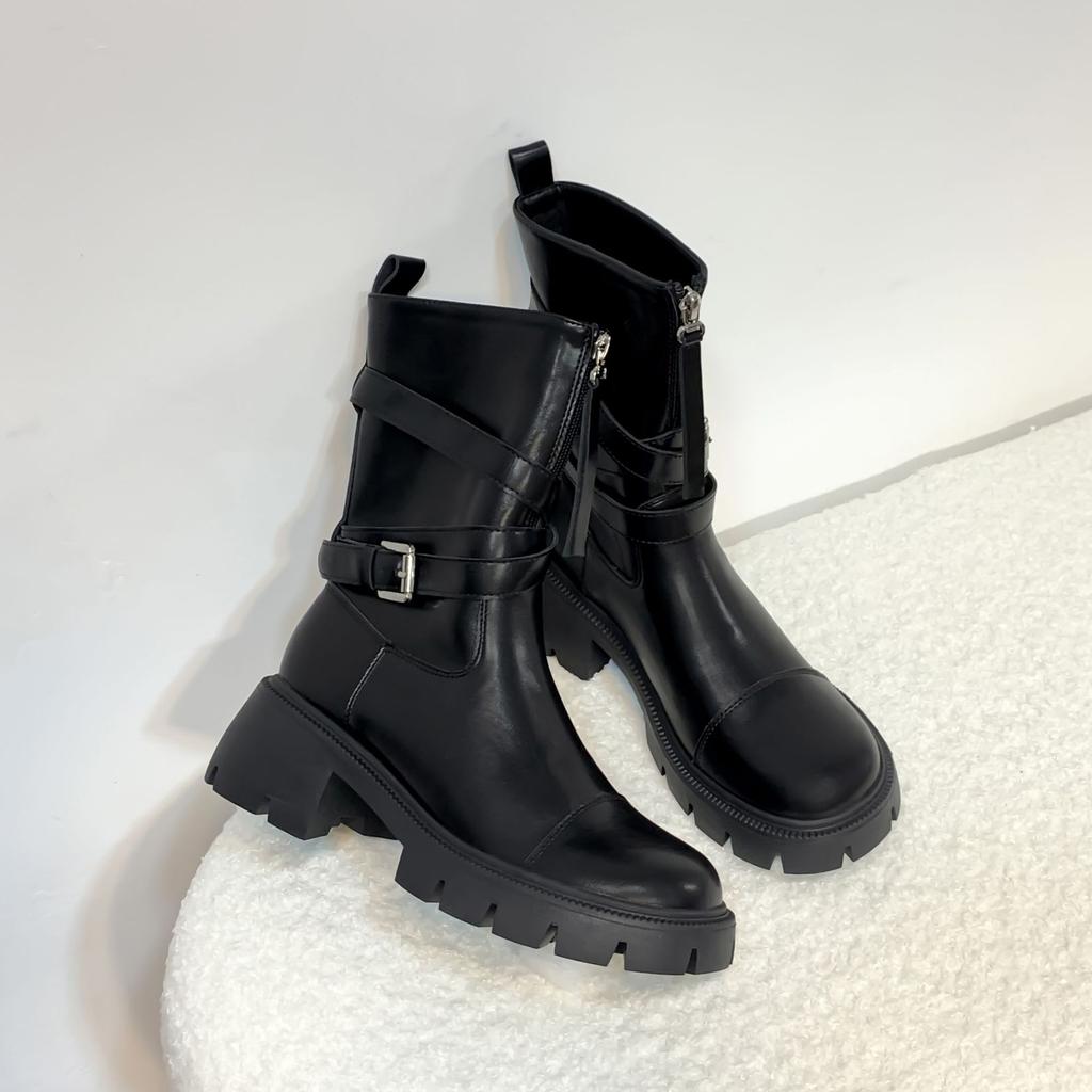 2025 зима новые сапоги-рыцари средней длины женские сапоги-локомотивы на платформе сапоги из кожи в корейском стиле с пряжкой на ремне сапоги женские для верхней одежды