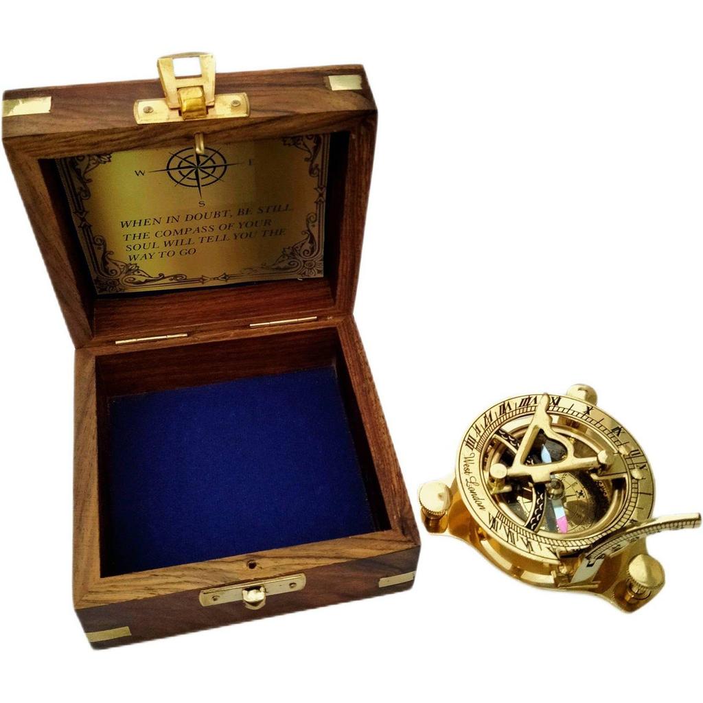 India Brass Sundial Compass With Wood Box Collectible Gift Compass (Gold, Brown)