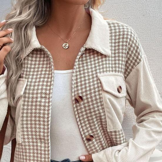 Fall Spring Lady Coat Plaid Print Cardigan Button-down Long Sleeves Chest Pockets Turn-down