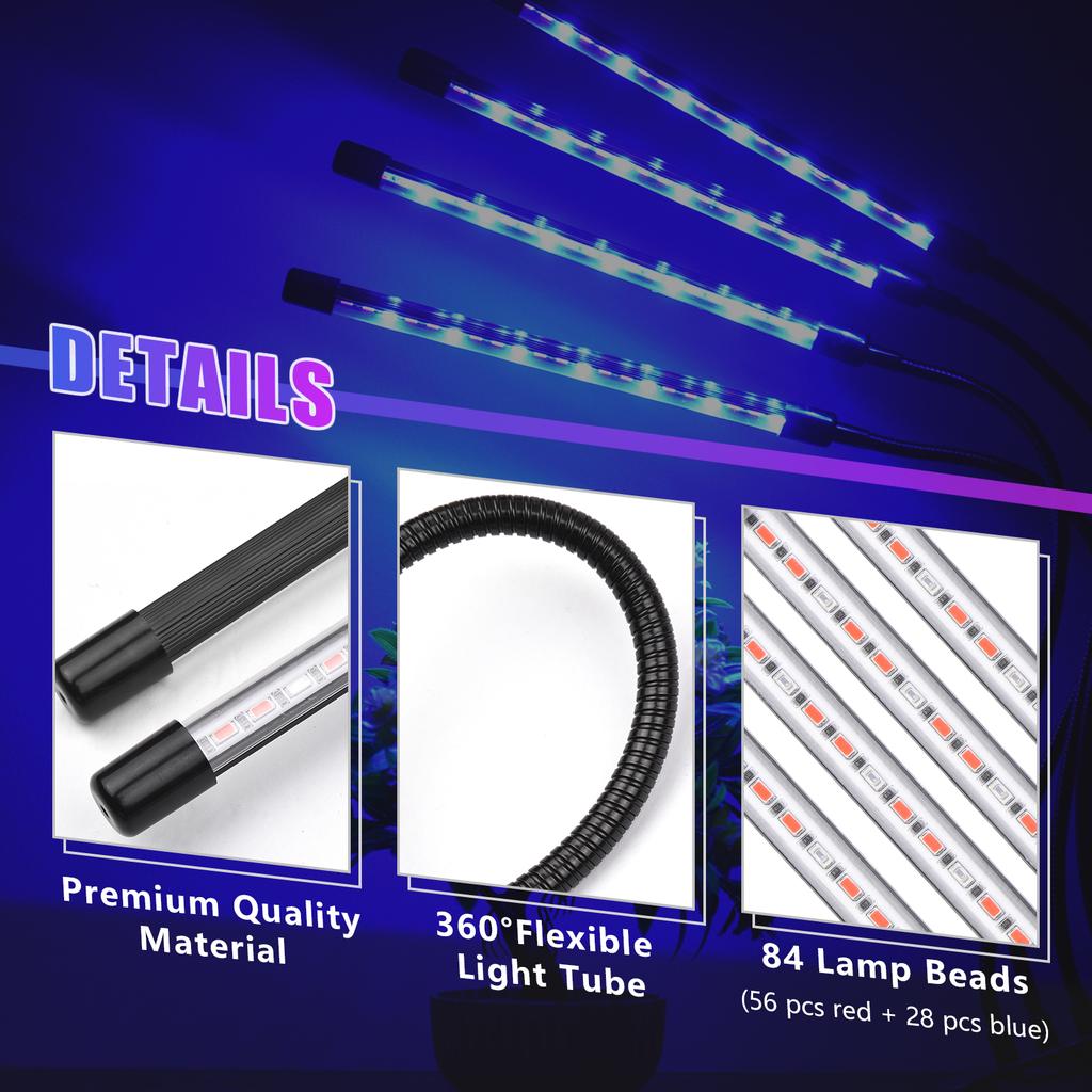 4 Head Grow Light for Indoor Plants 84 LEDs Plant Growing Light 10 Dimmable Levels 3/9/12H Timer 3 Lighting Modes Compact Growth Lamp for Plants Flow