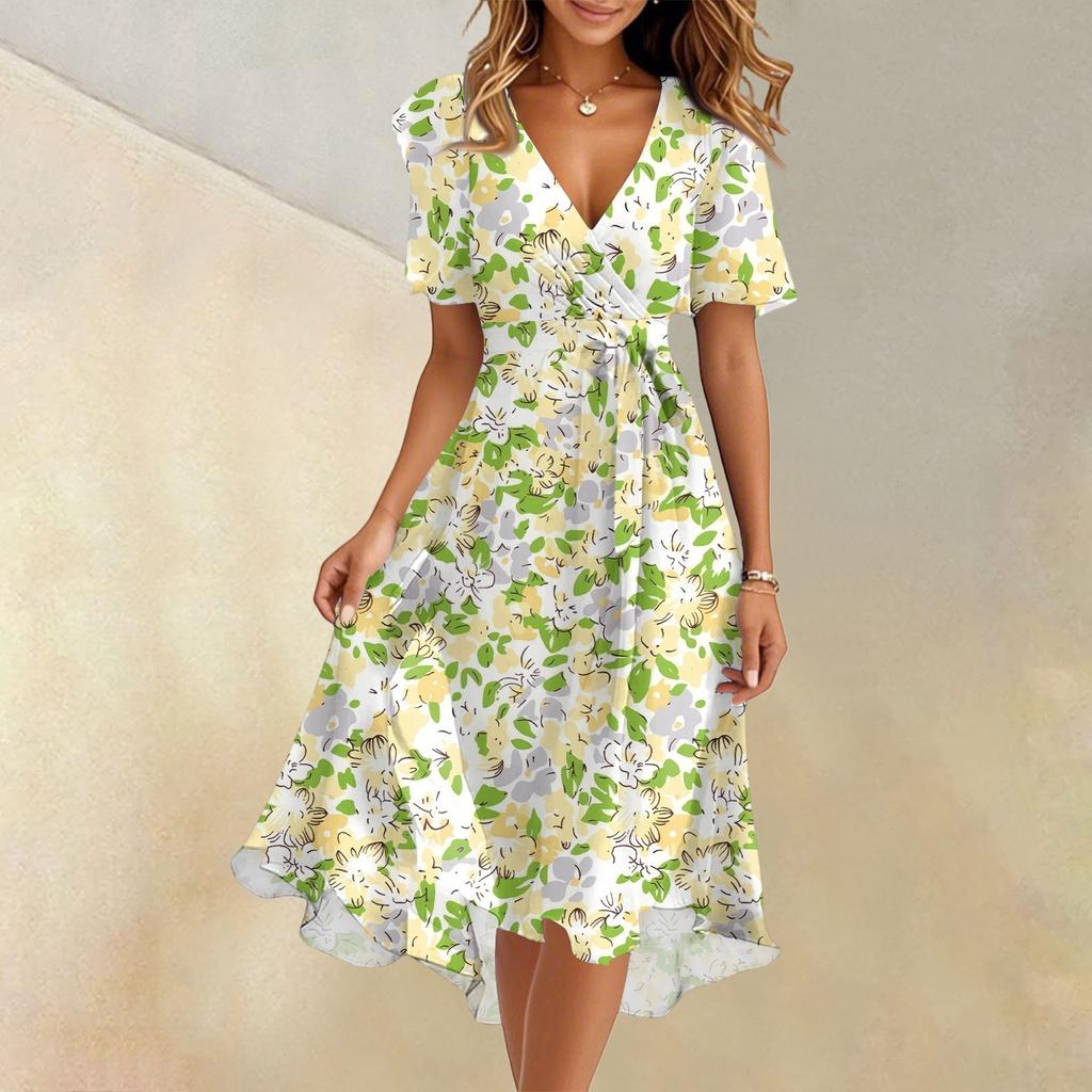 Women's Summer Fashion V-Neck Flared Dress Short Sleeve Floral Dresses