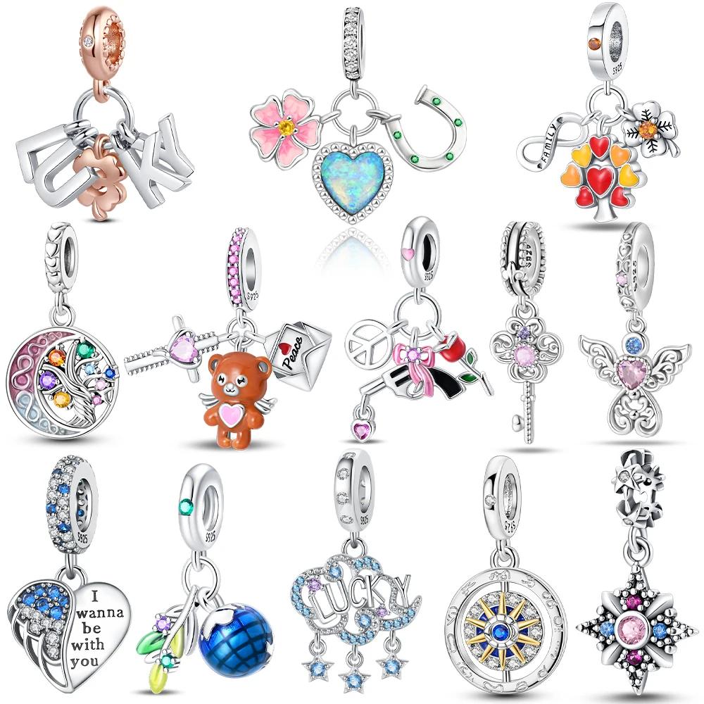 Authentic Original Charm Bead Components Brown Bear Pink Zircon Blue Heart Lucky Fortune Bead Components Compatible With Bracelet High Quality Fine