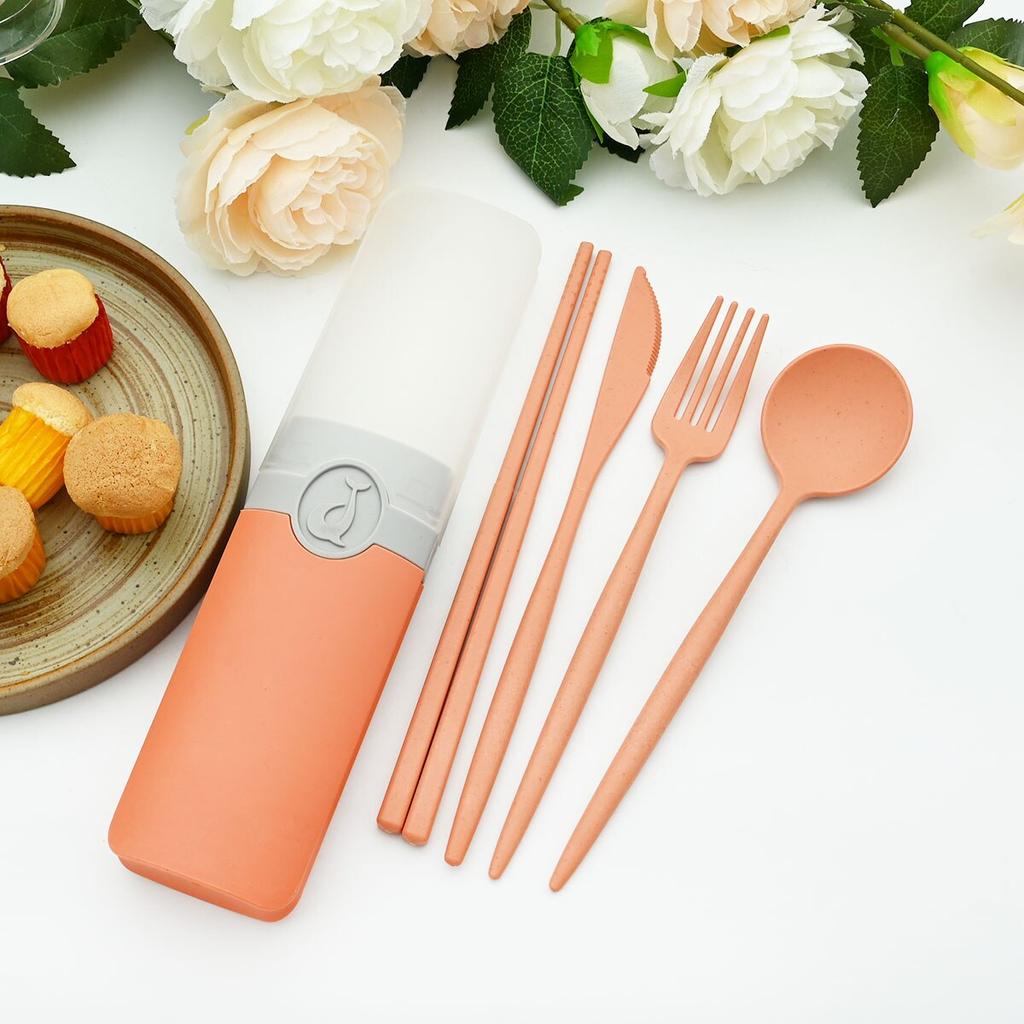 Красочный портативный набор столовых приборов из пшеницы, нож, вилка, ложка, палочки для еды с дорожной коробкой для столовой посуды, детский студенческий набор столовых приборов