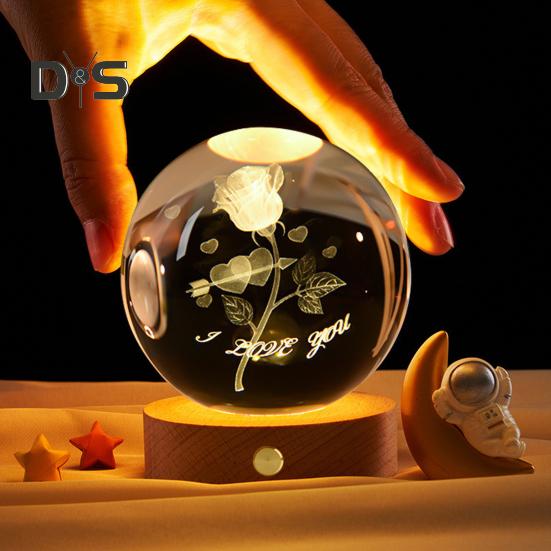 Faux Crystal Ball Light Calming Cosmic Night Light Clear Lighted Stellar Spheres with Wooden Base for Bedside Table Desk