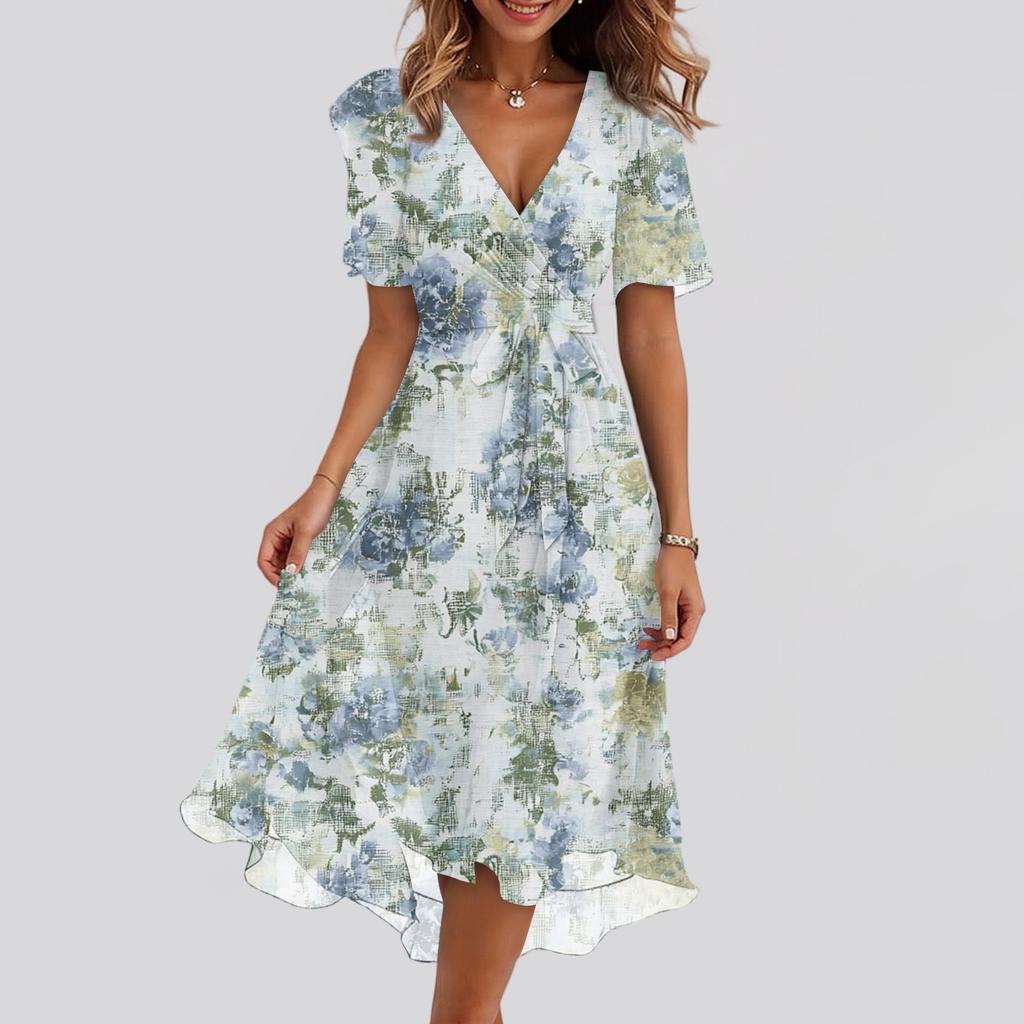 Women's Fashion Casual V Neck Short Sleeve Ruffled Vintage Printed Dresses