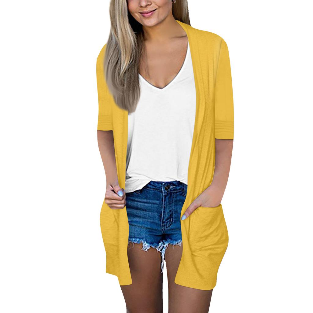 Женская мода, свободный повседневный карманный однотонный кардиган, куртка с рукавами из семи частей, топ