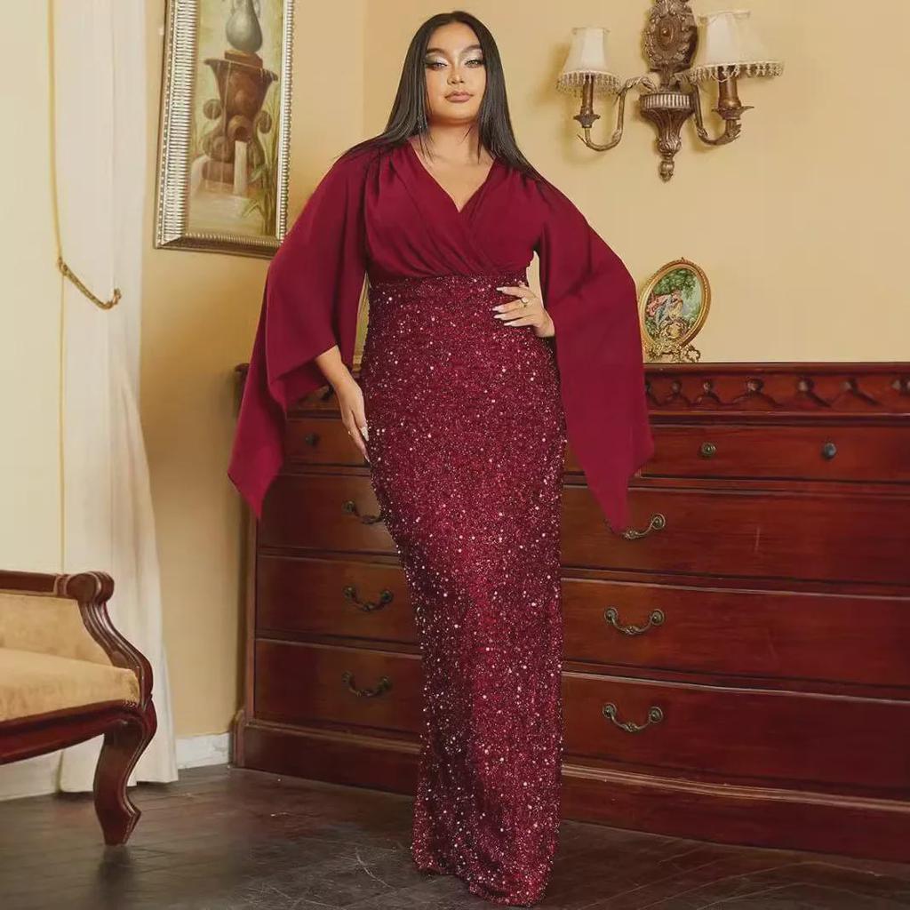 «2025 Элегантное вечернее платье из шифона с V-образным вырезом и пайетками»