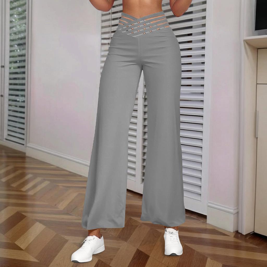 Women's Hollow Belt Trousers Temperament Flared Trousers High Waist Casual Wide Leg Pants