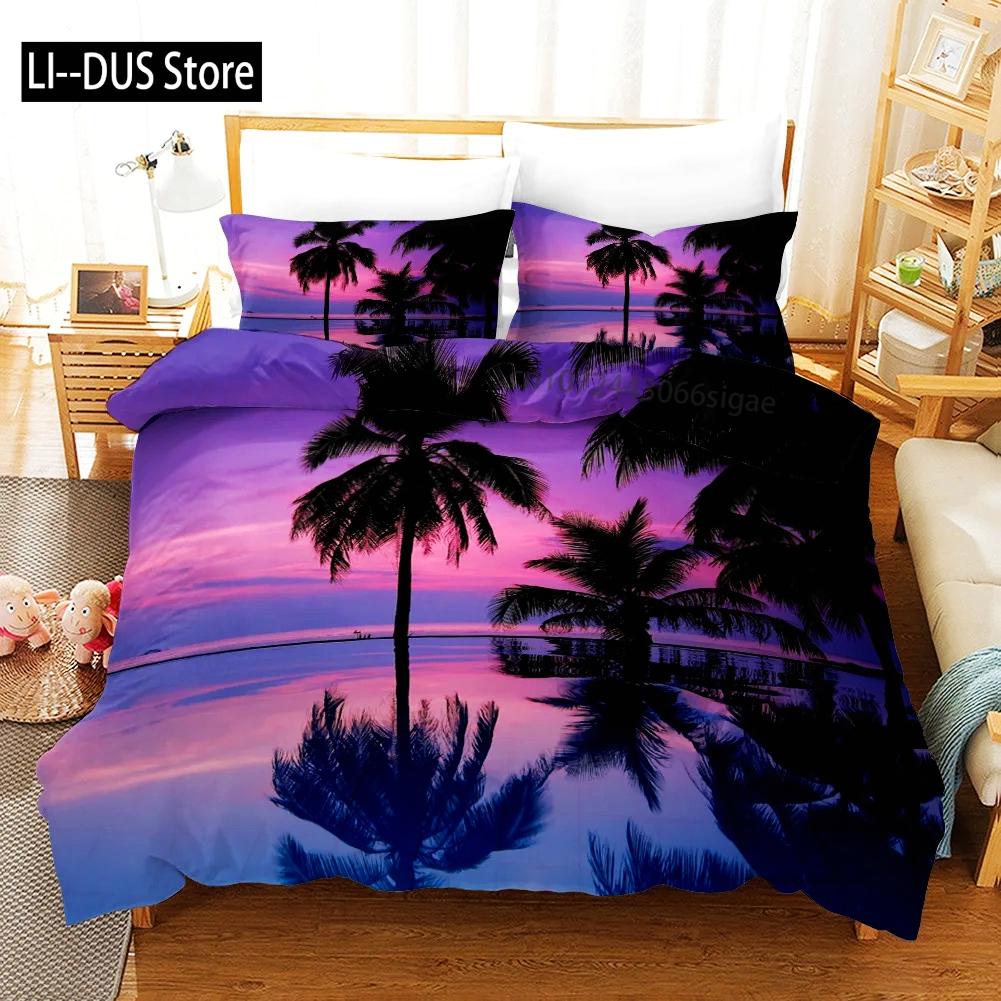 Tropical Duvet Cover Set King Size Microfiber Palm Trees Silhouette Sunset Tropical Beach Coastline Exotic Vacations Bedding Set