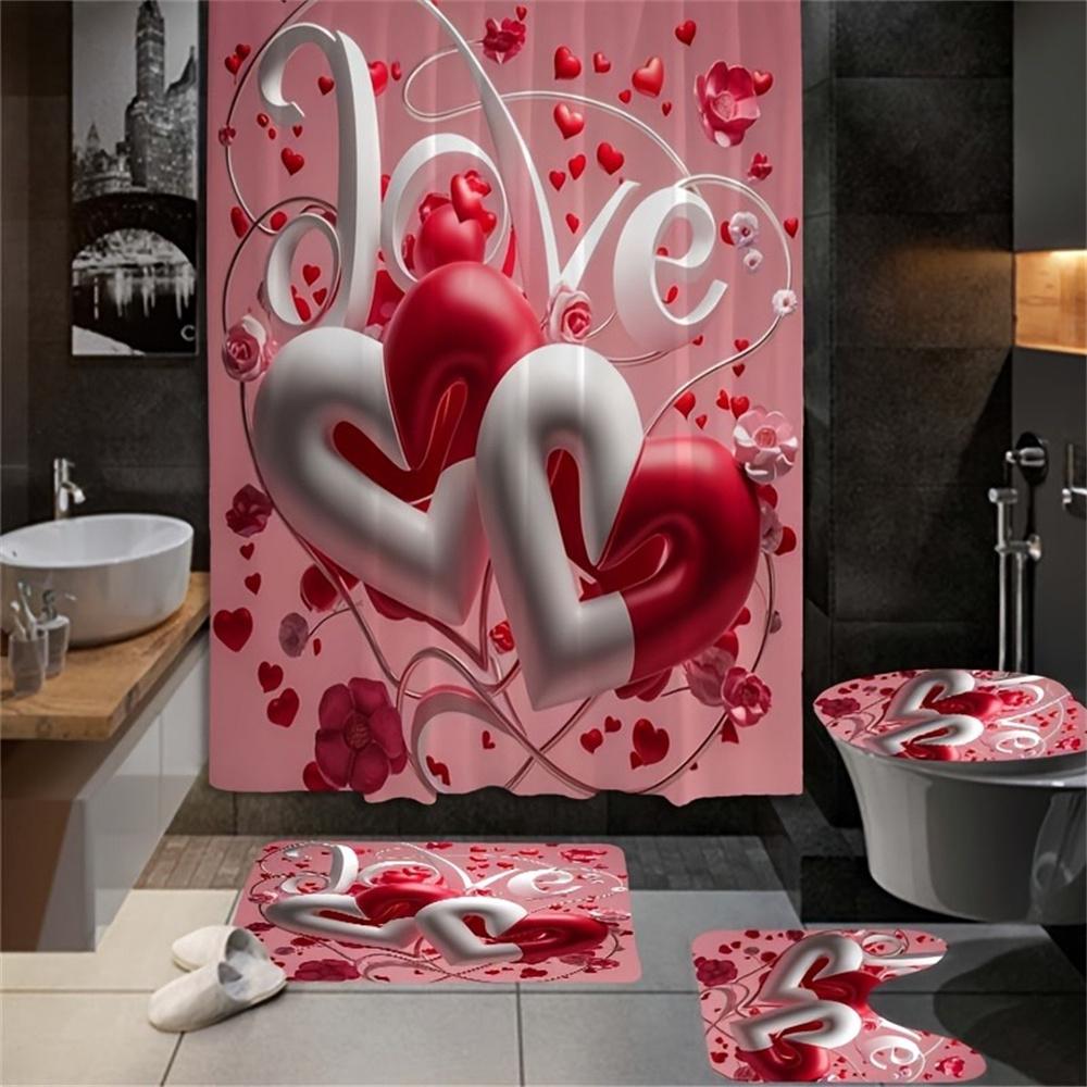 4pcs Red And White Heart Pattern, Valentine's Day Bathroom Set, Waterproof Barrier Shower Curtain, with 12 Hooks, Non Slip Bath