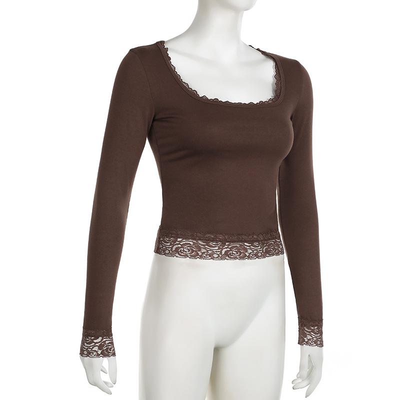 Sexy U-Neck Lace Bow Slim Fit Long Sleeve Y2K T-Shirt for Spring & Autumn