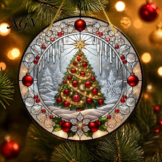 Round Stained Glass Xmas Ornaments Style Acrylic Window Hanging, Christmas Tree Snow Scene Indoor Party Decorations Suncatcher, Door Home Decor