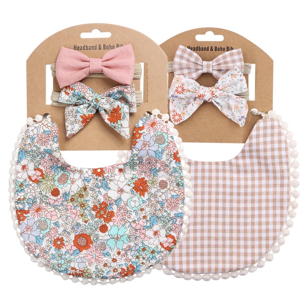 2 Sets/Lot Flower Print Embroidery Baby Bibs Headbands Bow Tie Scarf Bandana Double Side Toddler Saliva Towel Feeding Burp Cloth