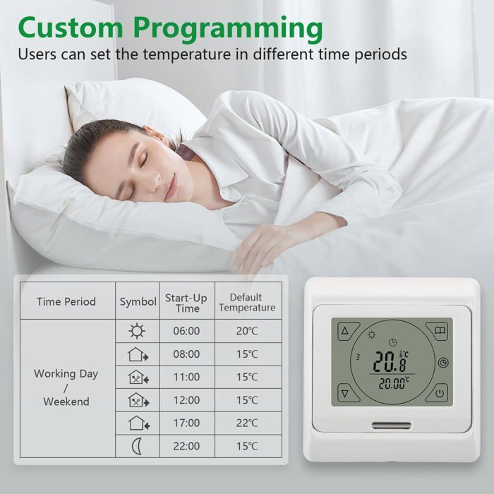 AIMOONSA Thermostat hebdomadaire programmable tactile pour chauffage au sol AC230V 3A Blanc