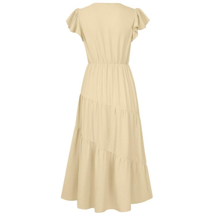 Women Summer Casual V-Neck Slim Dress Solid Color A-Line High Waist Layered Long Dresses Spring Short Lotus Leaf Sleeve S-XL